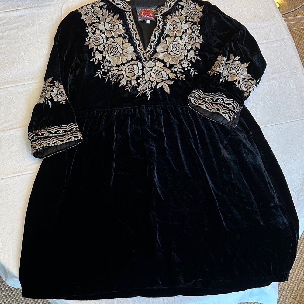 Johnny Was Black Dress with White Embroidery